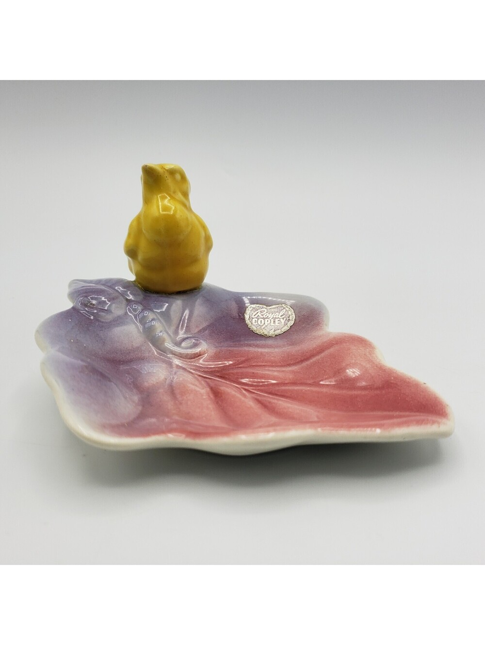 Royal Copley Leaf Trinket Dish Yellow Bird Purple  Pink Tray Original Label